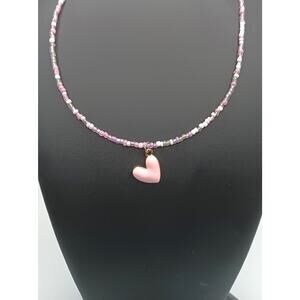 Pink Beaded Heart Necklace Adjustable 16-19" Cute Minimal